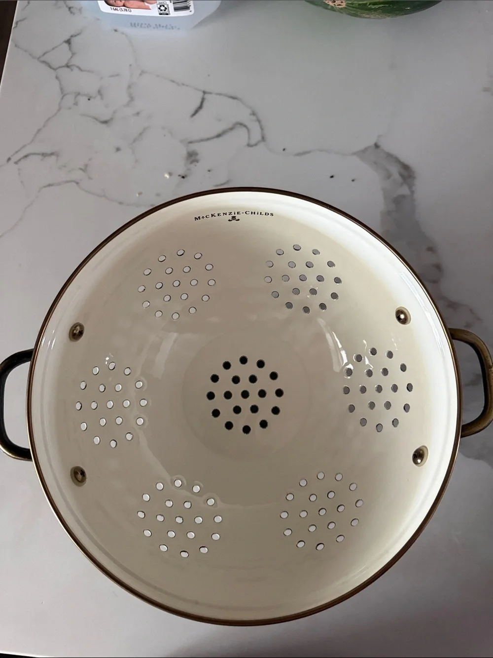 McKenzie Childs Enamel Colanders.Cream with Bronze Trim. Set of 2 Pieces Bk & Wh